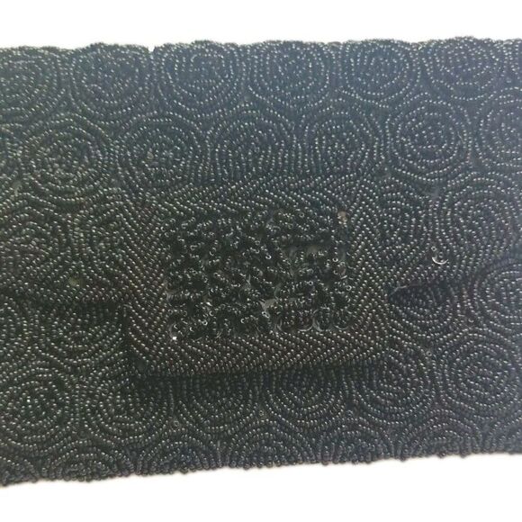 Vintage Seed Bead Sequins Clutch Bag Black Handmade Sparkly Rose Bead Pattern - Picture 2 of 10